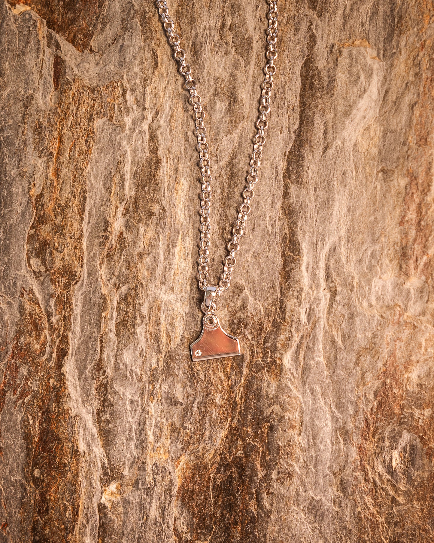 A cattle tag necklace with a white zircon stone pendant, made of sterling silver, displayed on a wooden piece.