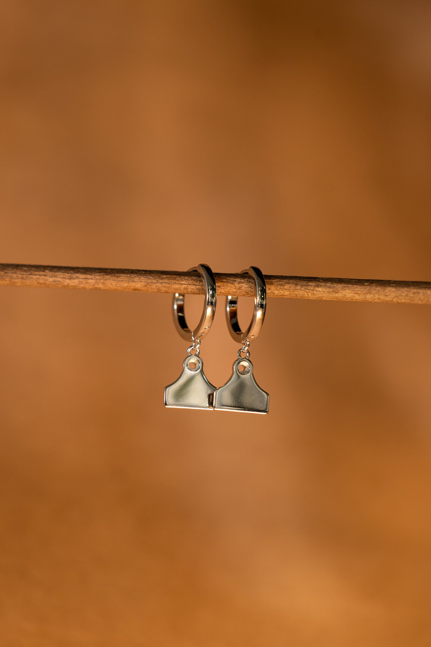 Silver hoop earrings with cattle tag pendants on a rusted fence wire